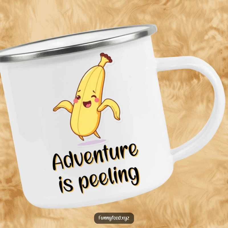 Funny campfire banana peeling mug, durable and humorous drinkware for outdoor trips.