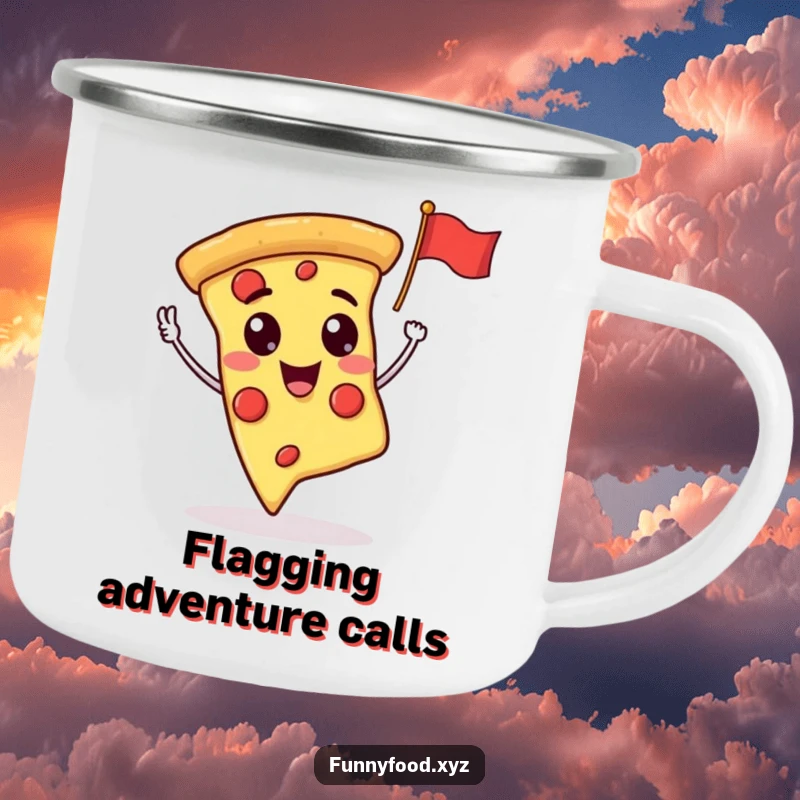 Funny pizza slice waving a small flag, designed for outdoor adventures on a sturdy camping mug.