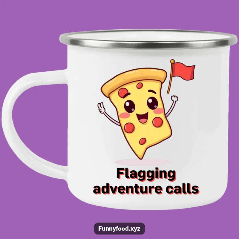 Adventure-Ready Funny Pizza Slice Waving Flag Camping Mug: Durable and Hilarious Outdoor Gift