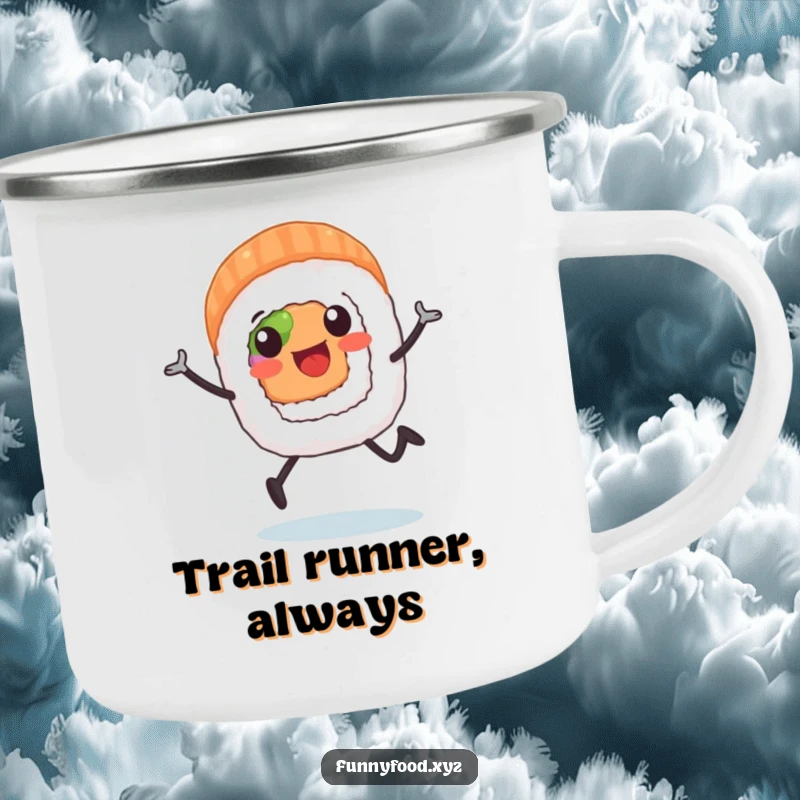 A funny sushi roll character running with gusto, featured on a sturdy camping mug for outdoor use.