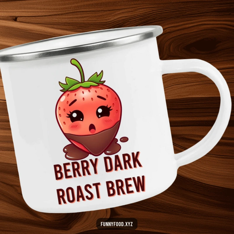 Funny strawberry camping mug, wide-eyed surprise, about to be dipped in chocolate, a humorous and durable mug for outdoor use.