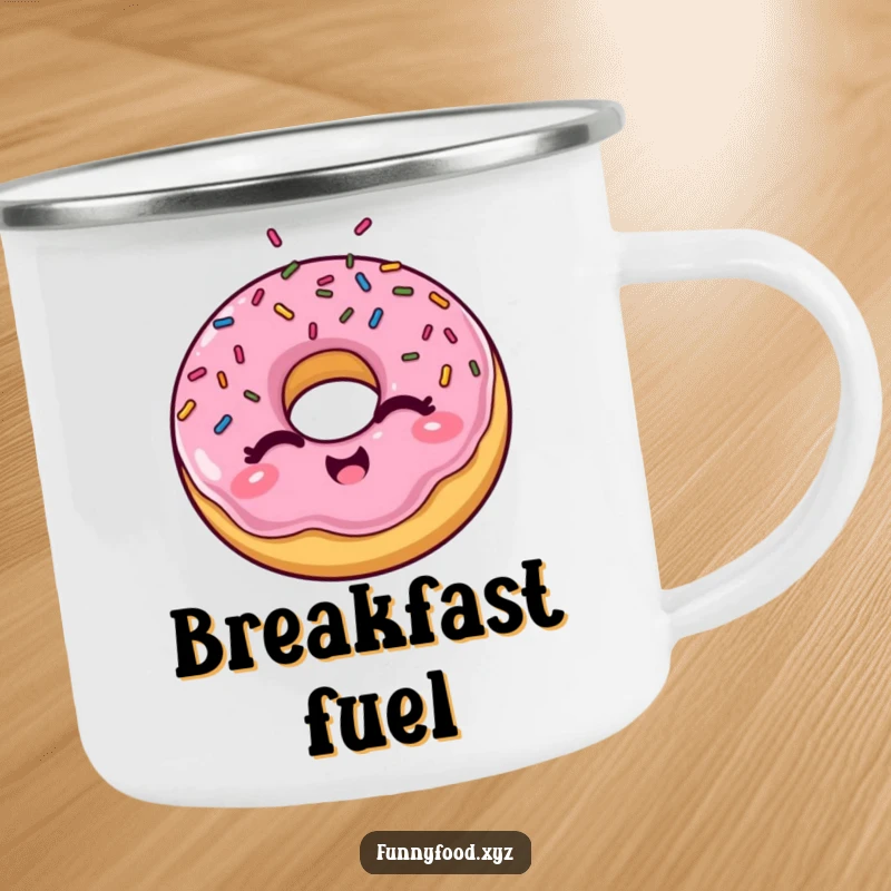 Funny winking donut camping mug, sturdy and ready for adventure, with cheerful sprinkles for outdoor fun.