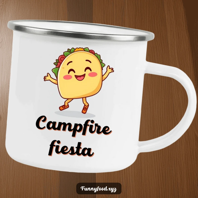 Funny camping mug with a smiling taco with legs doing a goofy salsa dance, durable and perfect for food humor.