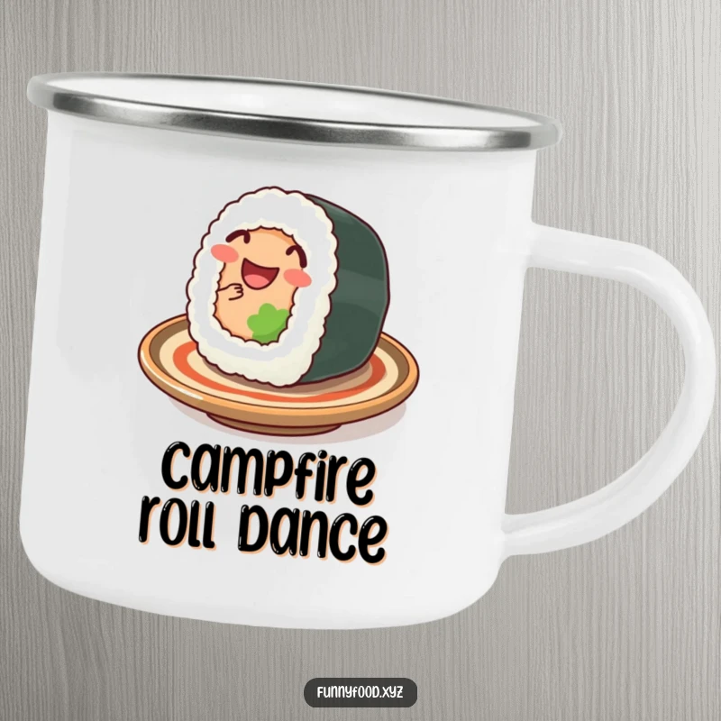 Funny sushi camping mug, showing a wiggling sushi roll, durable and humorous for outdoor trips.