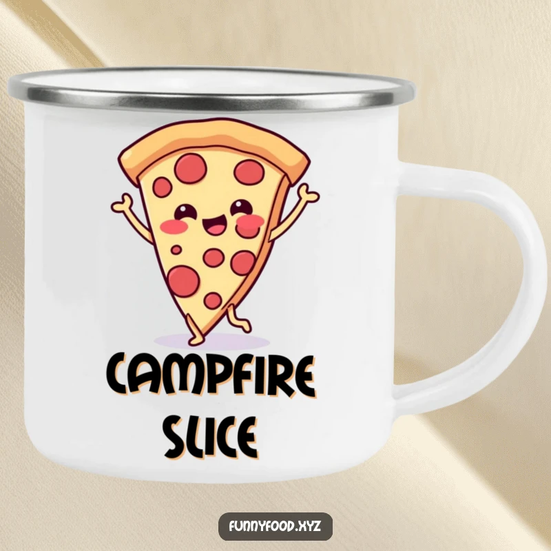 Funny camping mug showing a cheerful pizza slice with legs doing a joyful dance, perfect for enjoying drinks in the wild.
