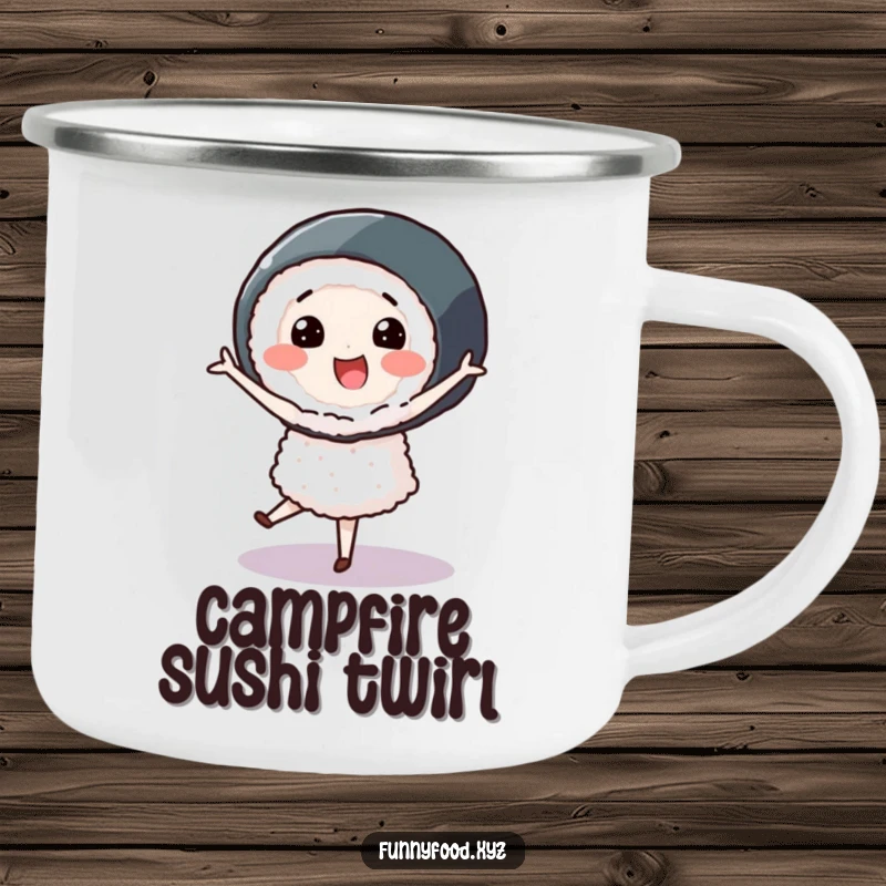 Smiling sushi roll character performing a graceful pirouette, designed for a sturdy and humorous camping mug.
