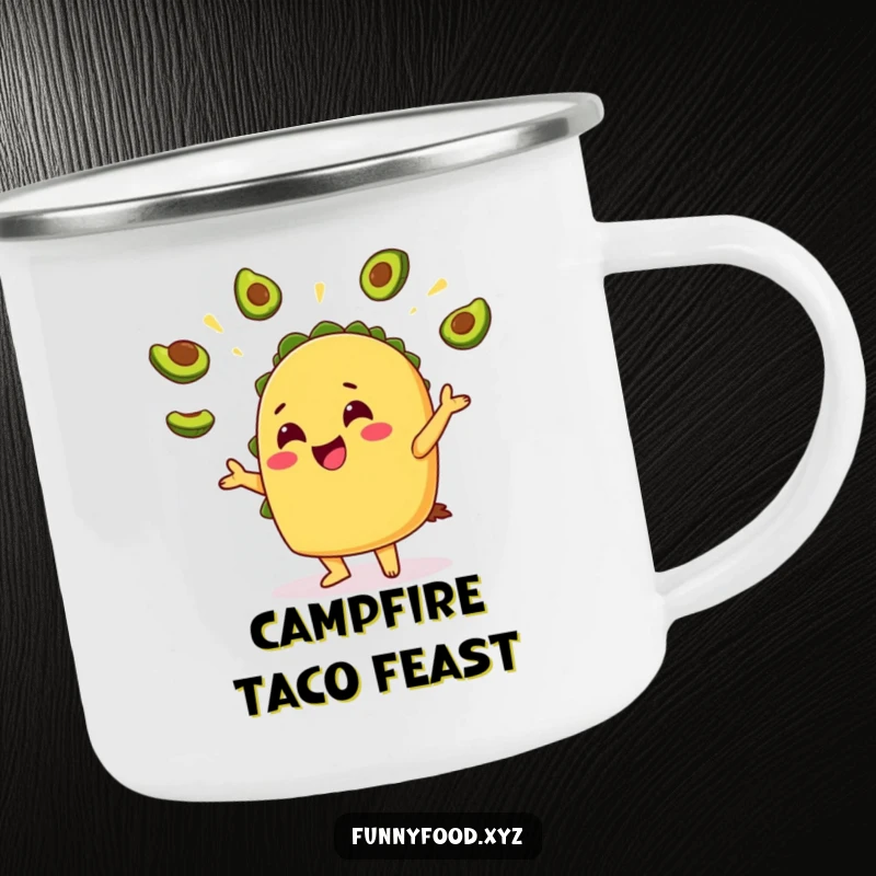 Funny Taco Avocado Camping Mug: A durable camping mug featuring a cheerful taco juggling avocado slices, ready for outdoor feasts.