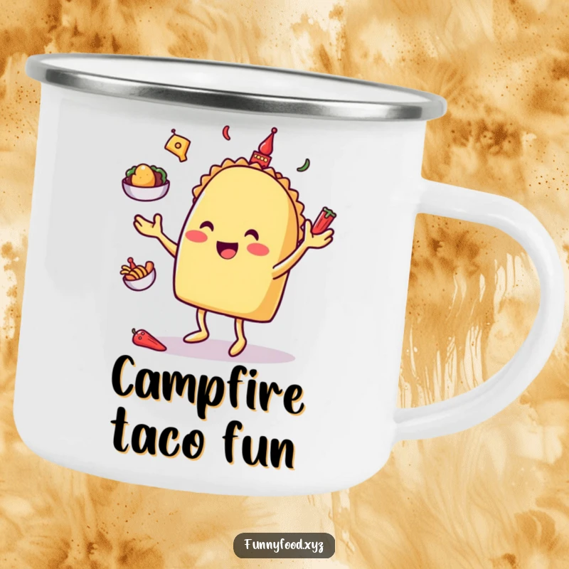 Happy taco character juggling toppings, designed for a sturdy and humorous camping mug for outdoor fun.
