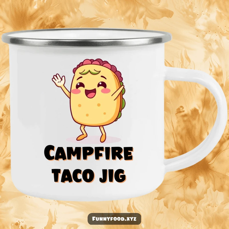 Cheerful taco with legs, enthusiastically waving and doing a lively jig, ready for outdoor fiesta fun.