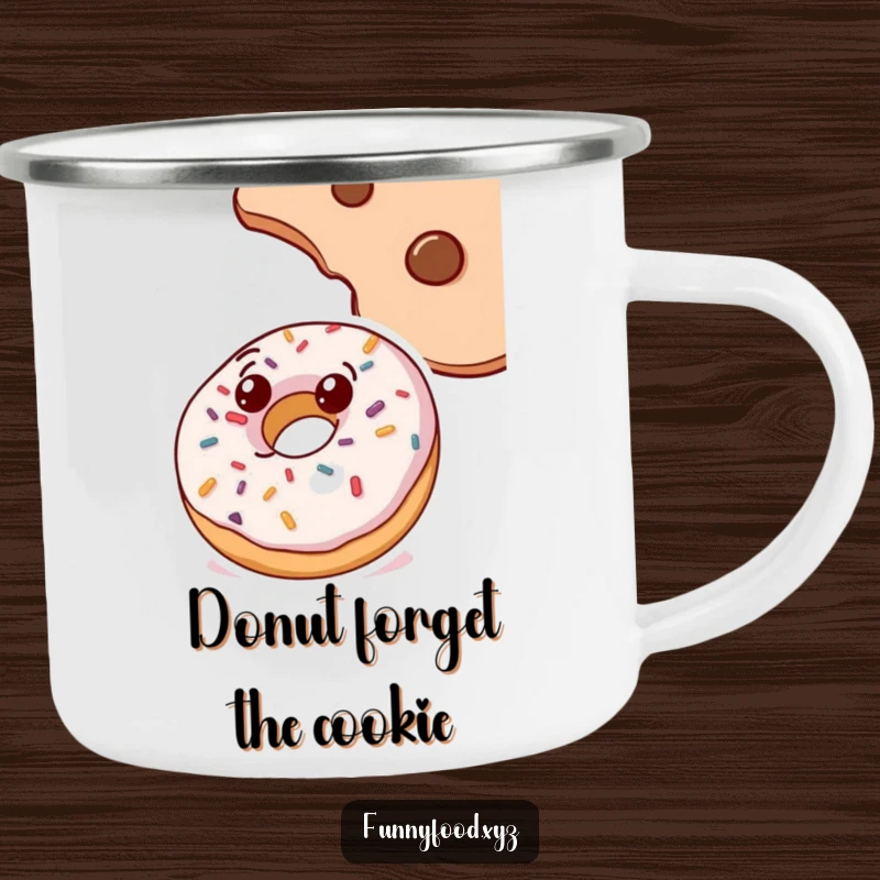 Funny doughnut camping mug, covered in sprinkles, looking up at a cookie, a humorous and durable mug for outdoor enjoyment.
