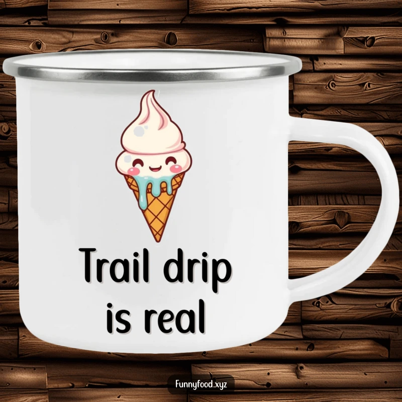 Funny melting ice cream cone camping mug character enjoying the outdoors, durable and cheerful.