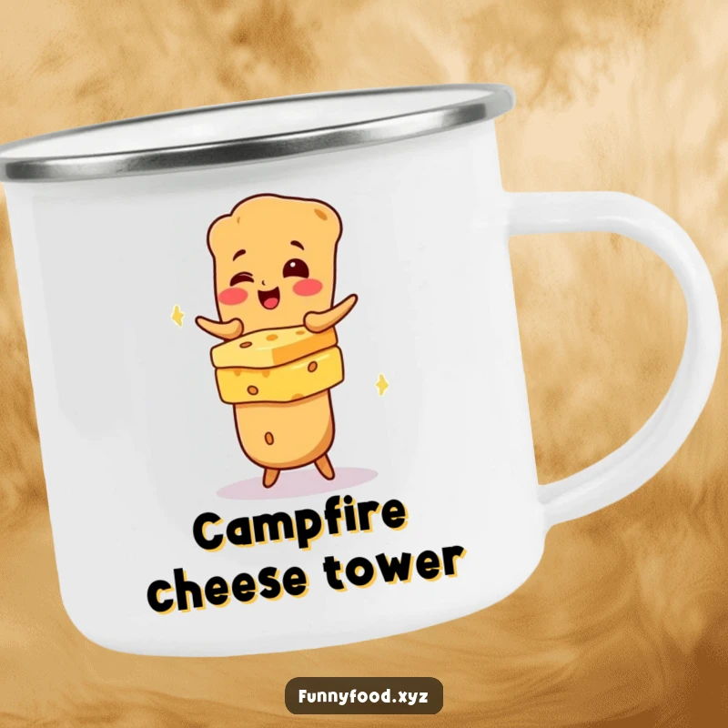 Funny giggling baguette character balancing cheese on a durable camping mug, perfect for outdoor food lovers.