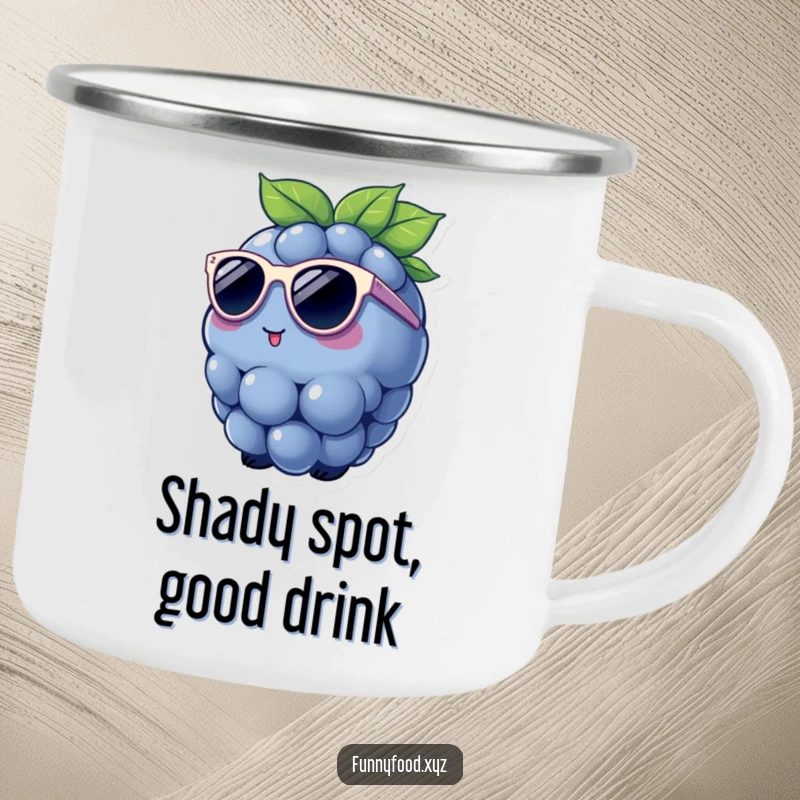 Funny Camping Mug with a charming blueberry sporting cool sunglasses, perfect for outdoor enjoyment and adding a humorous flair.