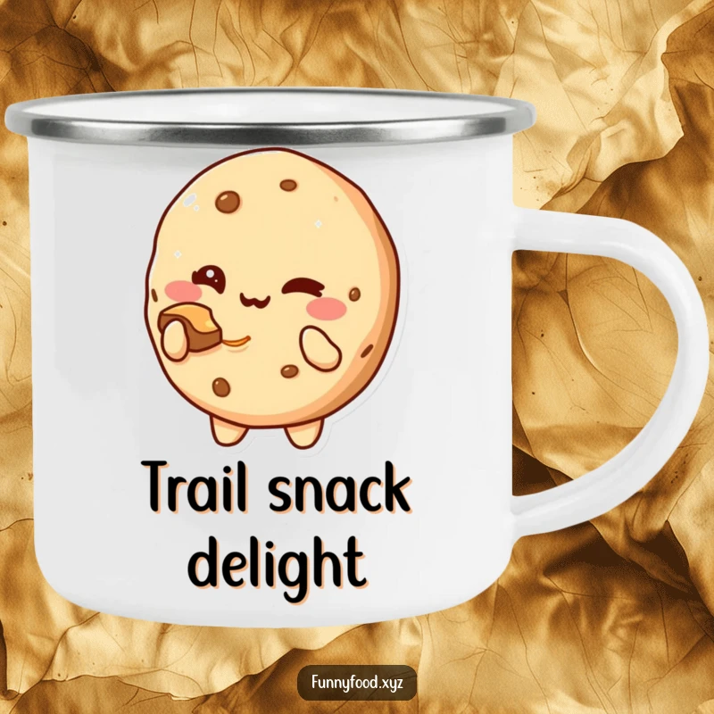 Funny Camping Mug: A cute cookie character winking and offering a bite, perfect for outdoor trips.