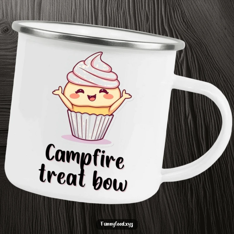 Funny cupcake camping mug showing a giggling cupcake performing a playful bow, durable for outdoor fun. Great funny gift.