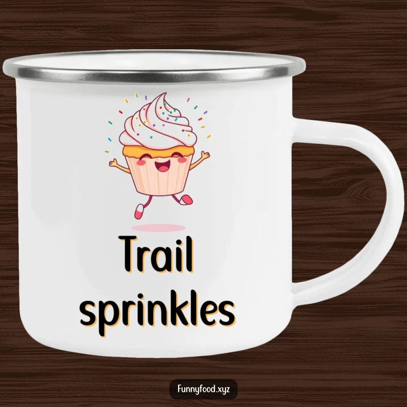 Funny cupcake camping mug depicting a cheerful cupcake character skipping with colorful sprinkles flying, ideal for travel.