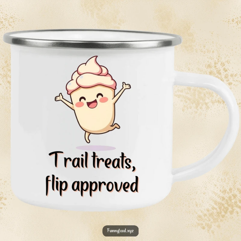 Funny camping mug with a cheerful cupcake doing a cartwheel, for outdoor dessert lovers.