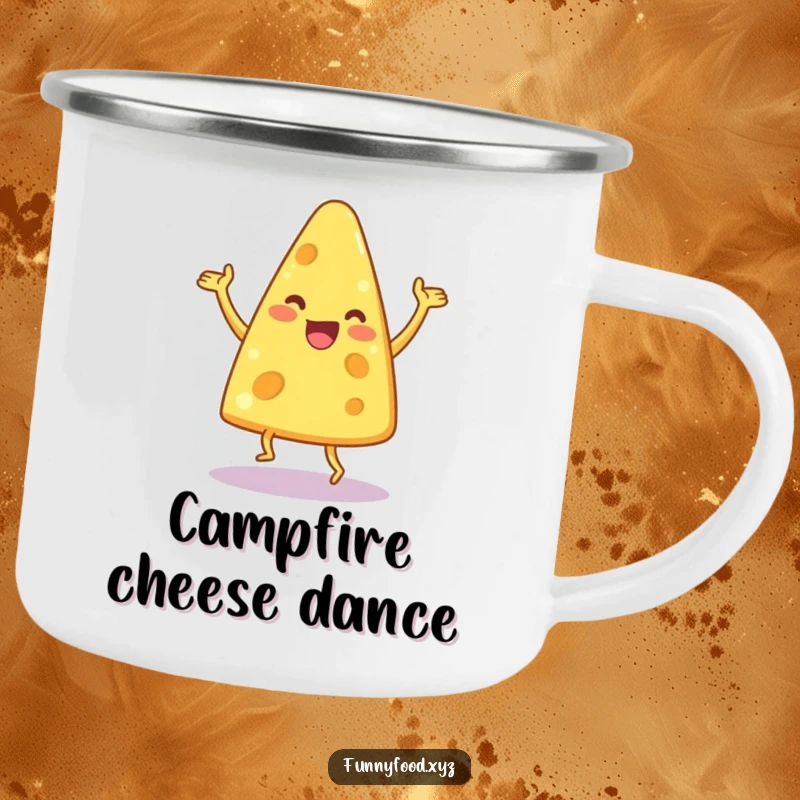 Funny camping mug featuring a delighted anthropomorphic cheese wedge doing a lively dance, perfect for adventures.