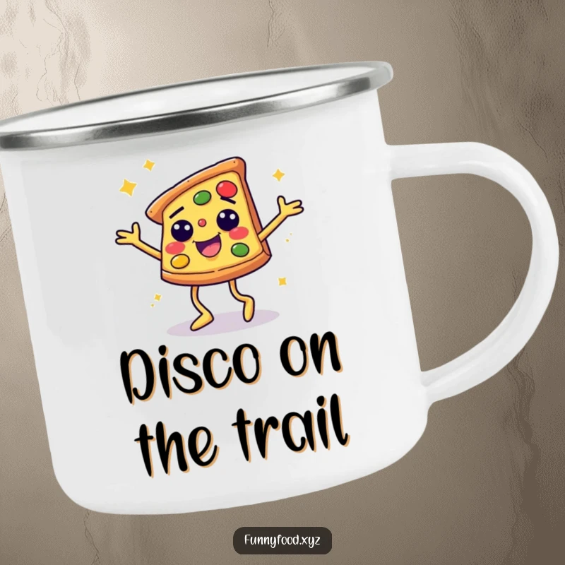 Funny camping mug showcasing a smiling pizza slice enthusiastically disco dancing, perfect for outdoor fun and laughter.