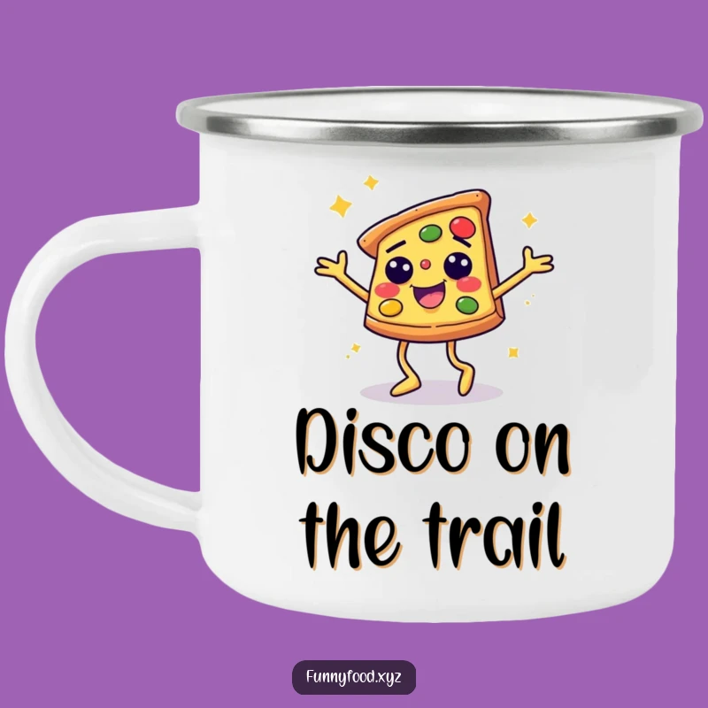 Funny Disco Pizza Slice Camping Mug: Adventure with Hilarious Dancing Food Spirit