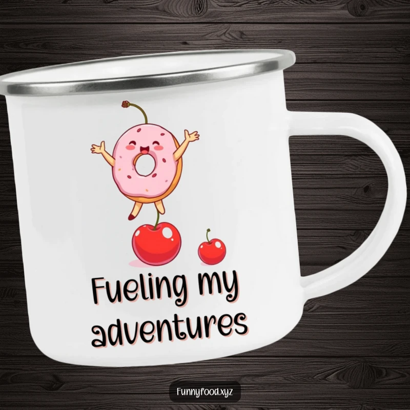 Funny Donut Camping Mug with a delighted donut character balancing on a cherry, perfect for outdoor fun.