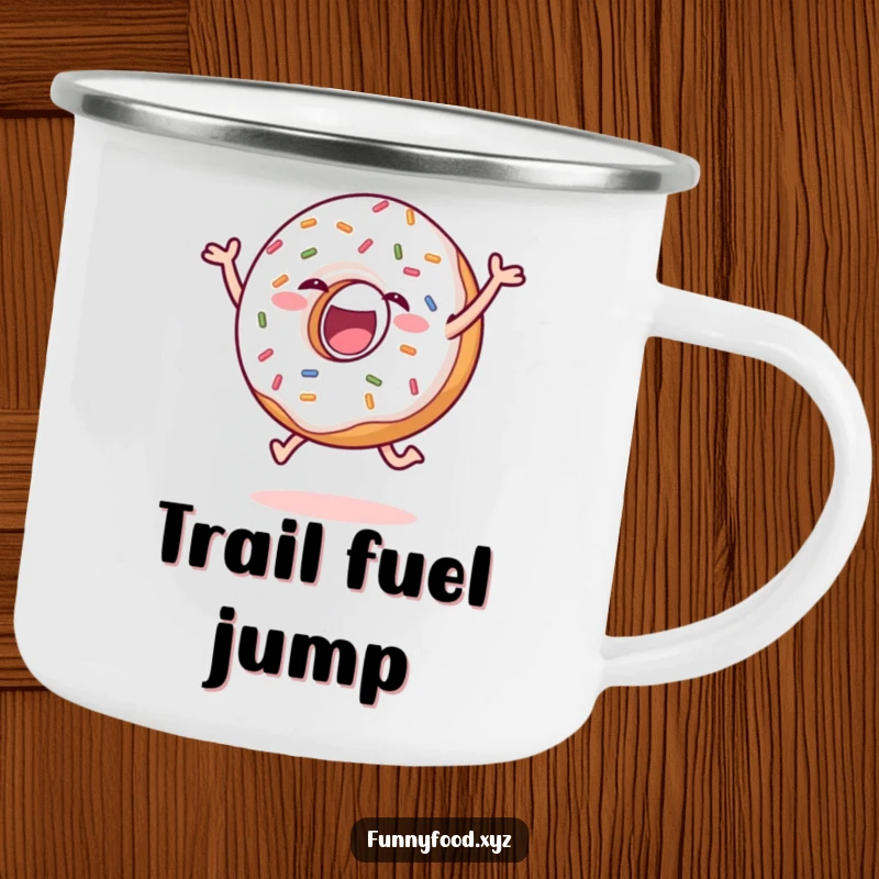 Funny donut camping mug showing a delighted donut with sprinkles joyfully leaping, durable for adventures. Great funny gift.