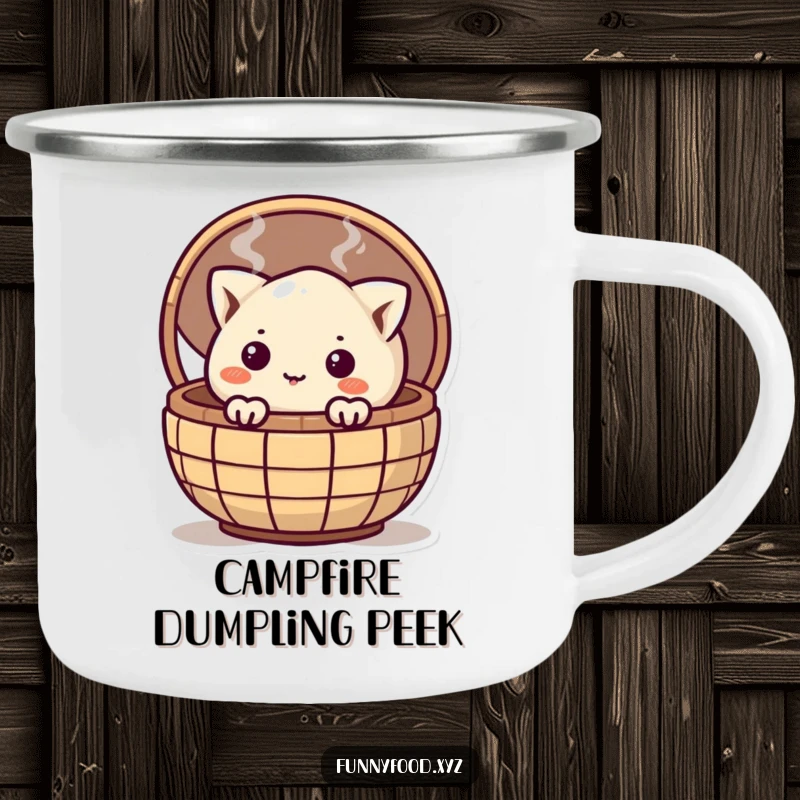 Funny curious dumpling peeking from a steaming basket on a durable camping mug, perfect for outdoor enthusiasts.