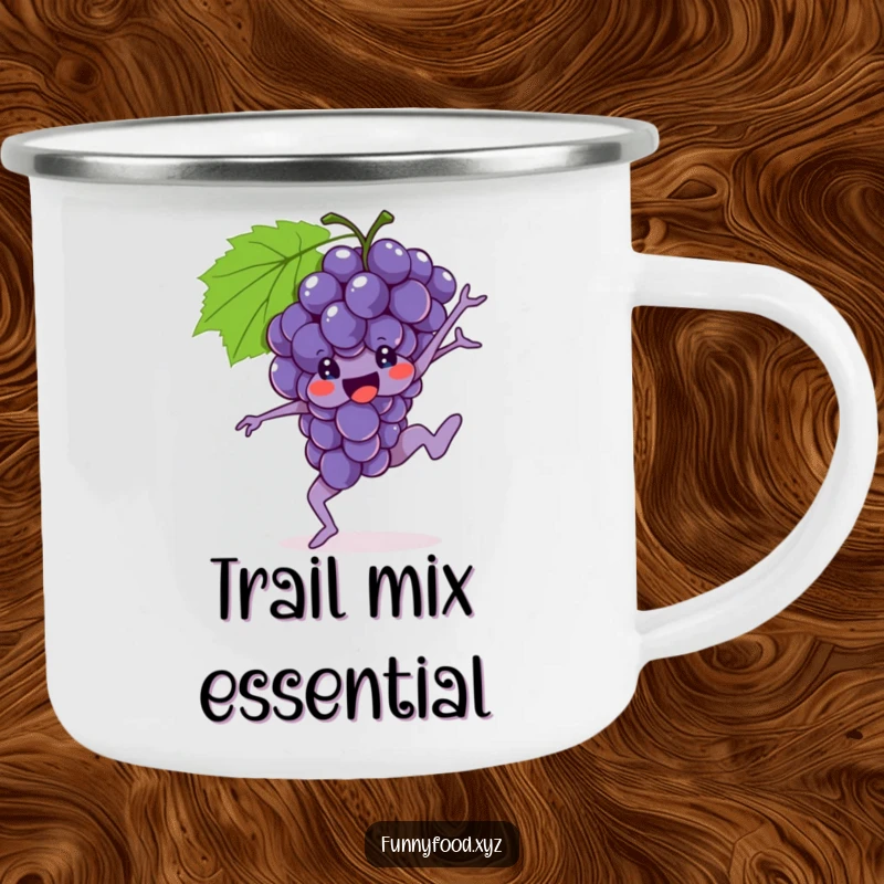 Funny Grapes Camping Mug with a brave bunch of grapes performing a gymnastic move, perfect for outdoor activity.