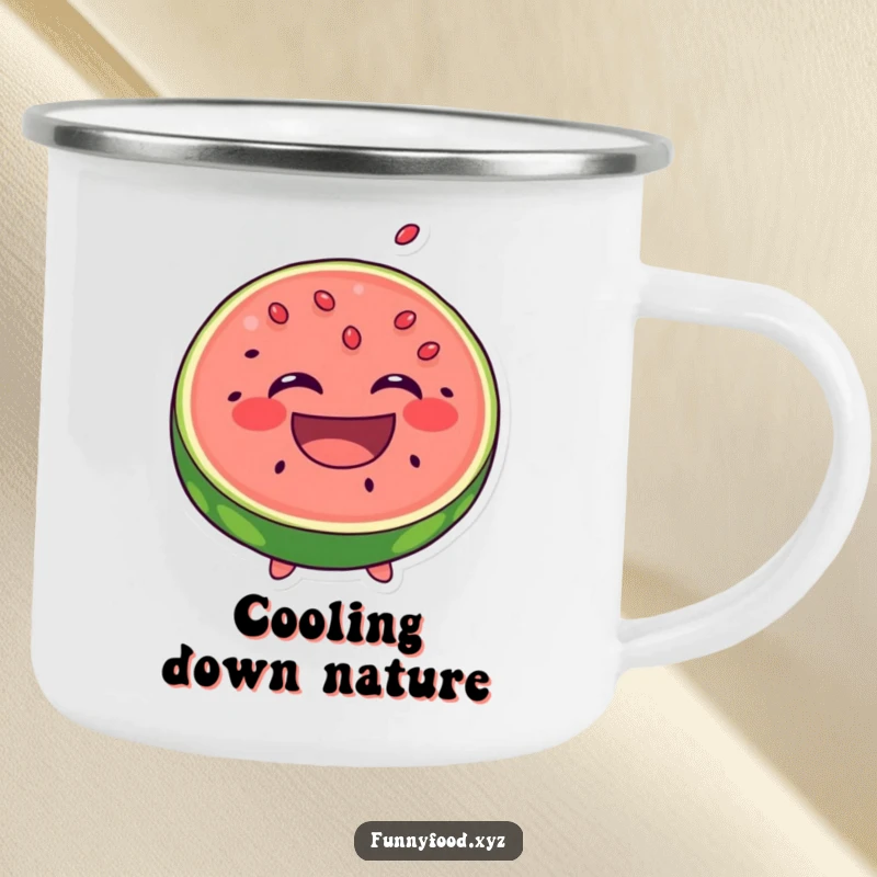 Funny Laughing Watermelon Camping Mug: A happy slice of watermelon laughs with seeds popping out, great for funny summer adventures.