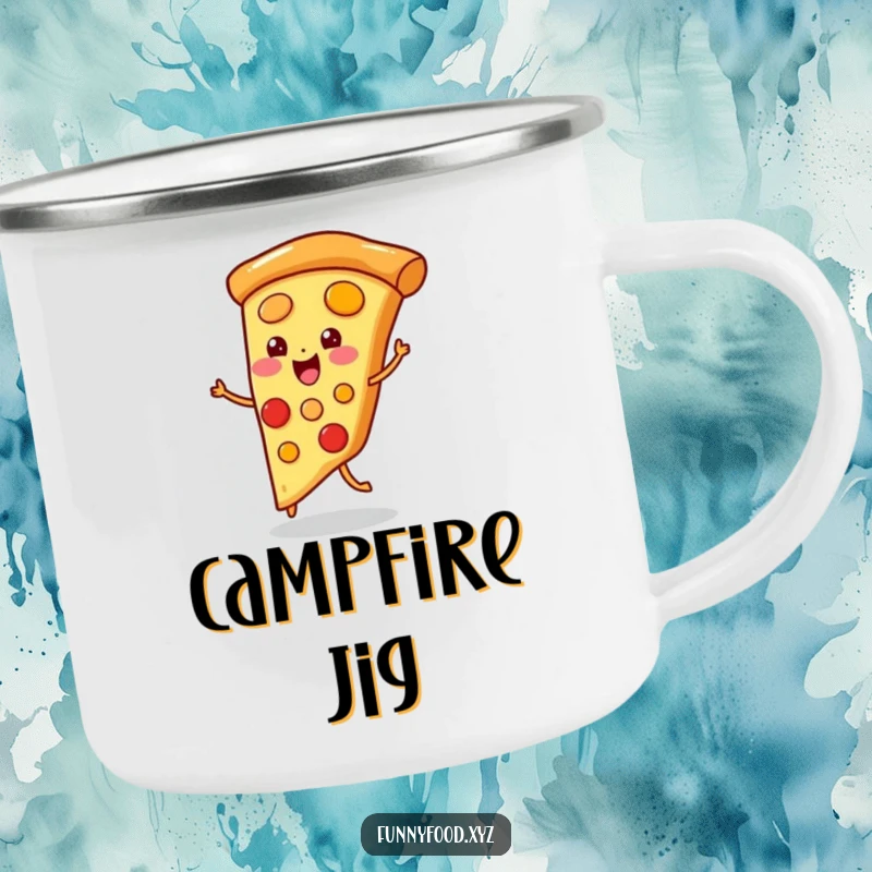 Funny camping mug with a playful pizza slice doing a little jig, looking cheerful and ready for outdoor fun.