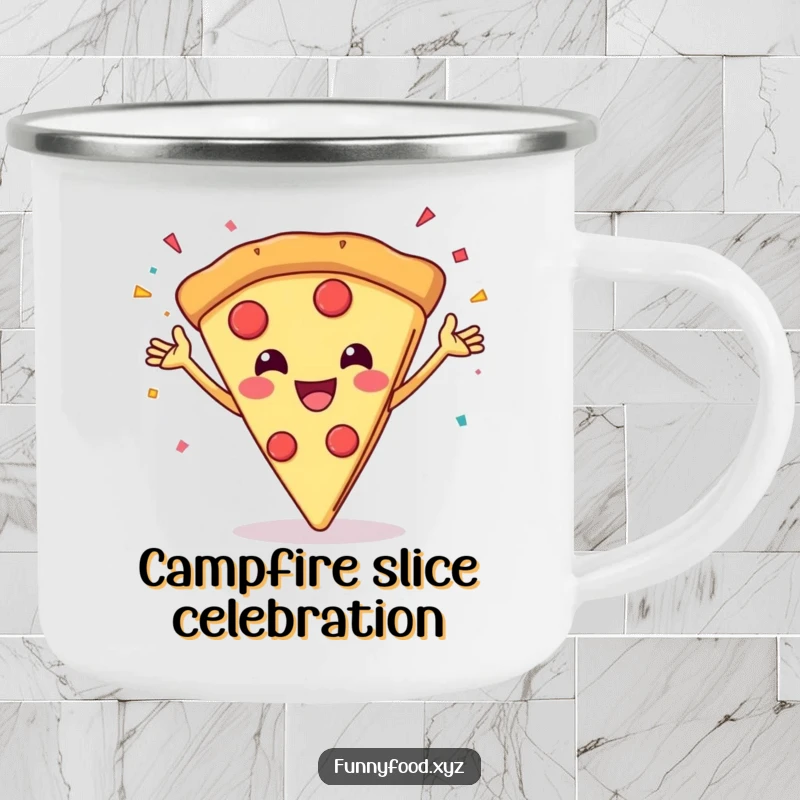 Funny camping mug with a grinning pizza slice throwing confetti, for outdoor pizza lovers.