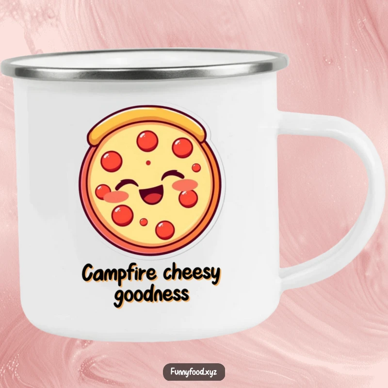 Funny pizza slice camping mug showing a beaming, winking pizza slice, durable for outdoor fun. Great funny gift.