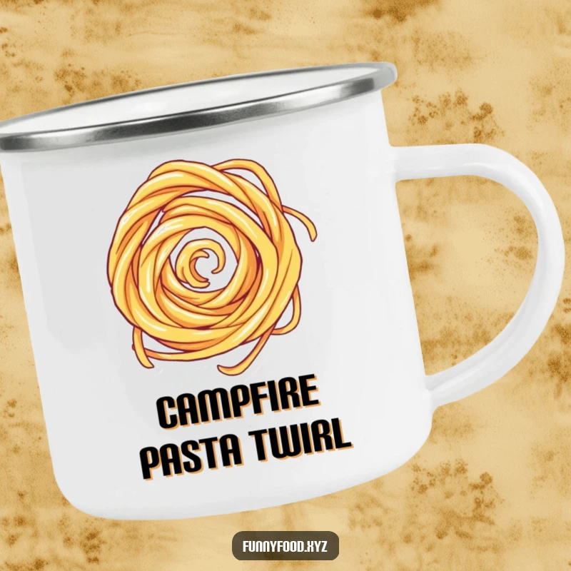 Funny camping mug featuring a spinning pasta swirl, ideal for outdoor enthusiasts who appreciate good food and humor.