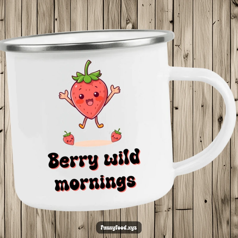 Funny camping mug showcasing a surprised strawberry character in a delightful leap, perfect for enjoying drinks outdoors with humor.