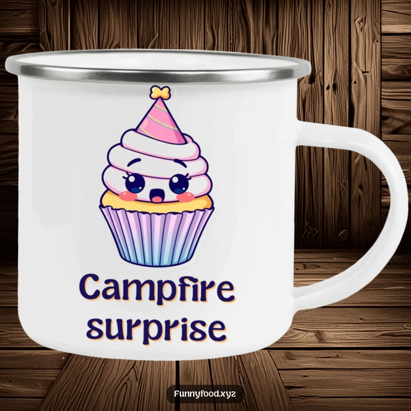 Funny camping mug with a surprised cupcake wearing a party hat, looking comically shocked and festive.