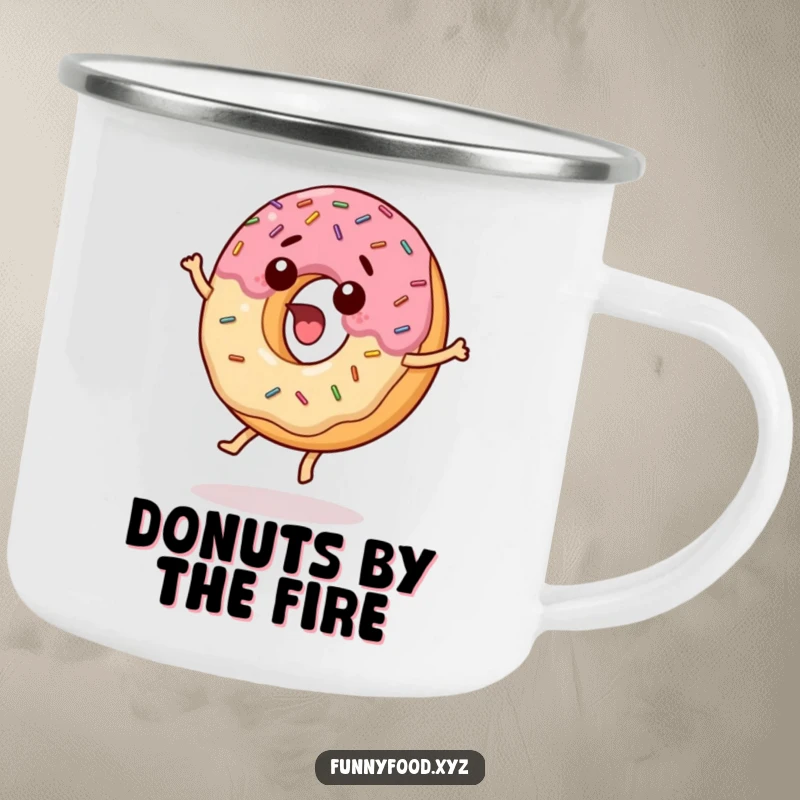 Funny camping mug showing a surprised donut with sprinkles enthusiastically jumping, perfect for outdoor fun.