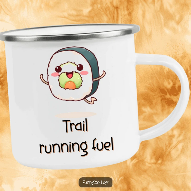 Funny sushi camping mug, a happy sushi roll with legs running enthusiastically, rugged and fun for outdoor trips.