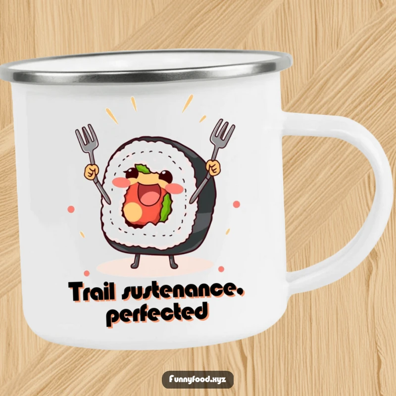 Funny camping mug with a joyful sushi roll juggling forks, for outdoor sushi lovers.