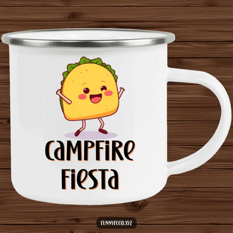 Funny camping mug featuring a happy taco dancing, perfect for outdoor meals and adding a festive touch.