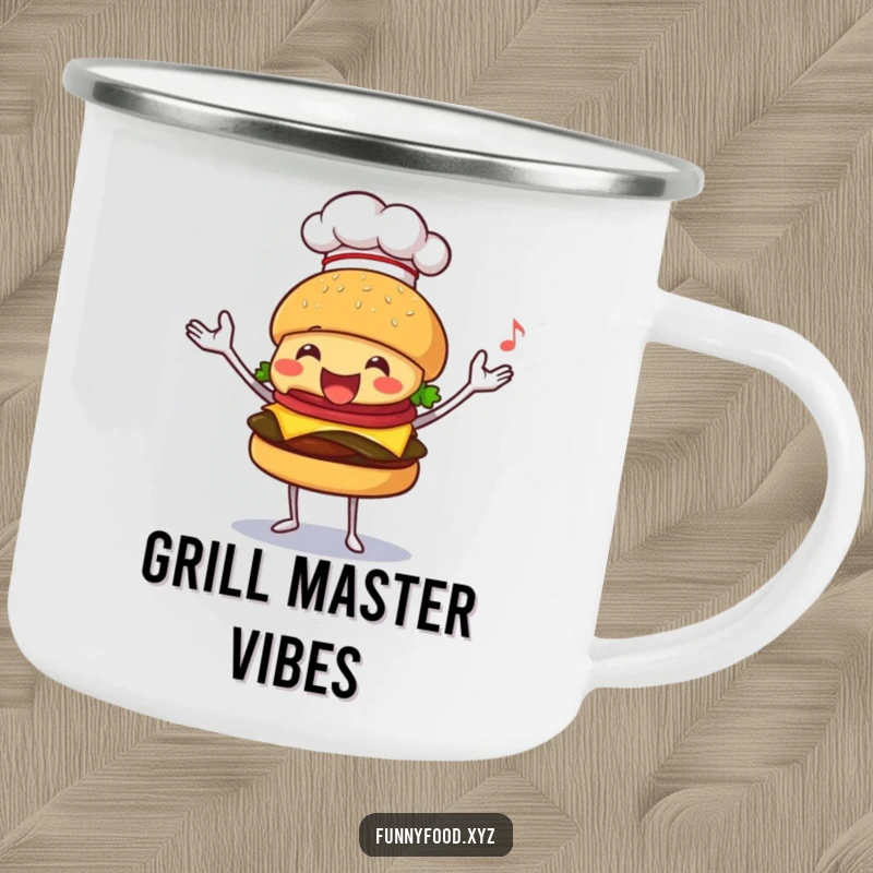 Funny camping mug showing a happy burger chef juggling, perfect for outdoor fun and culinary flair.