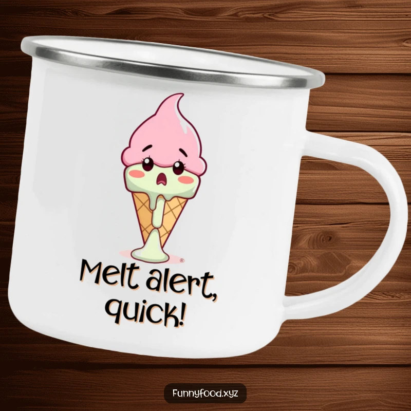 Funny ice cream cone camping mug with a surprised cone watching its drip melt, perfect for outdoor sipping.