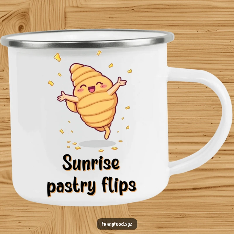 Funny camping mug showing a beaming anthropomorphic croissant doing cartwheels, perfect for outdoor baking fans.