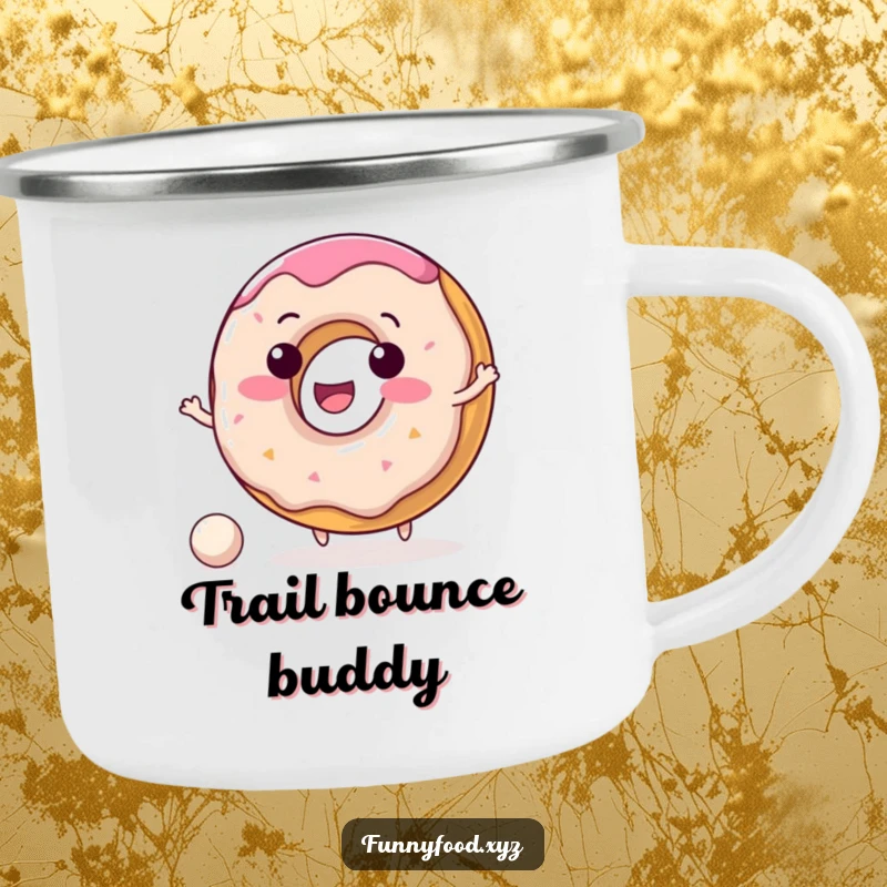 Funny donut camping mug depicting a delighted donut character merrily bouncing a small ball, ideal for travel.