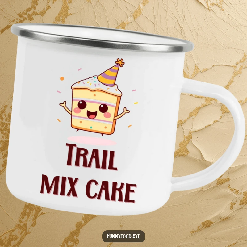 Funny happy cake slice camping mug, wearing a party hat, bouncing with sprinkles, a humorous and durable mug for outdoor parties.