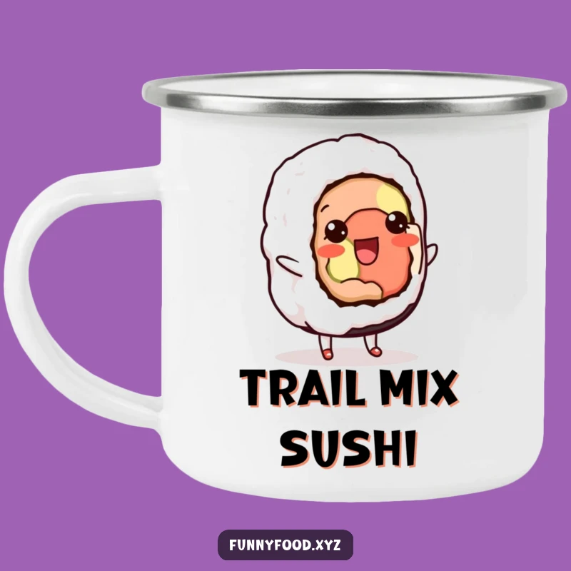 Funny Sushi Shuffle Camping Mug: Adventure with Hilarious Dancing Food Spirit