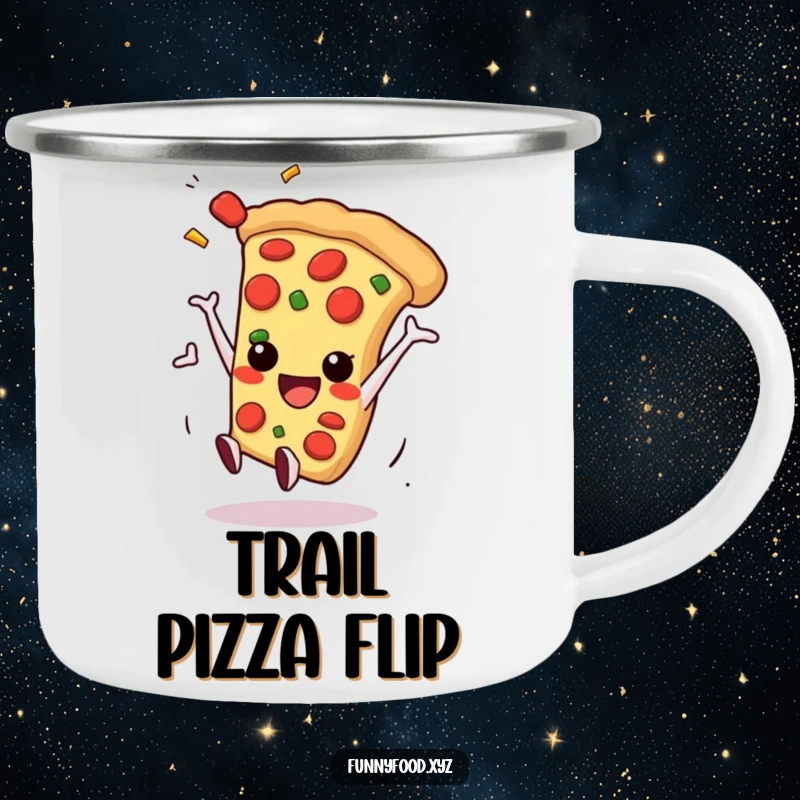 Funny pizza slice doing a playful somersault with toppings flying, ready for outdoor food adventures.