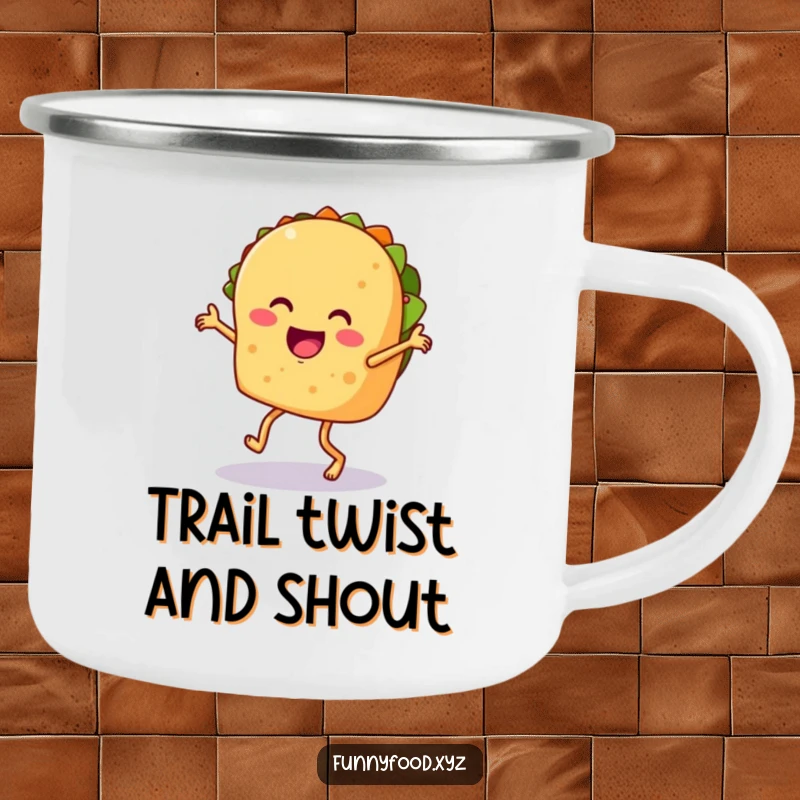 Funny taco camping mug, showing a taco doing a salsa dance, durable and humorous for outdoor parties.