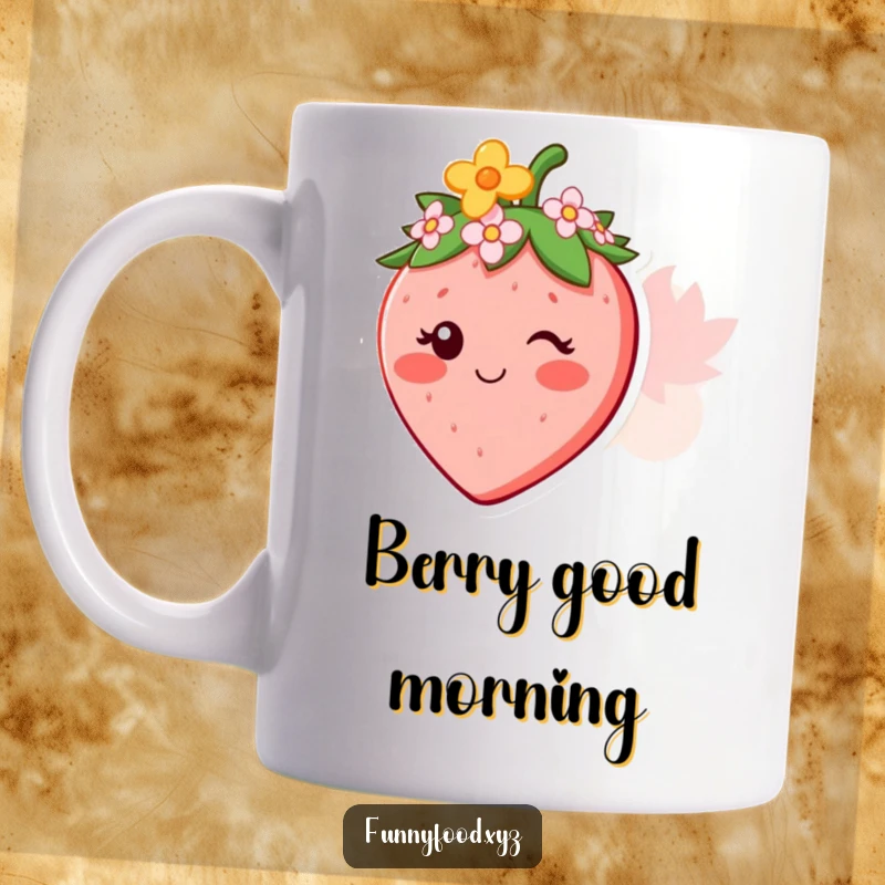 Funny mug with a smiling strawberry character wearing a delicate, tiny flower crown, exuding natural charm.