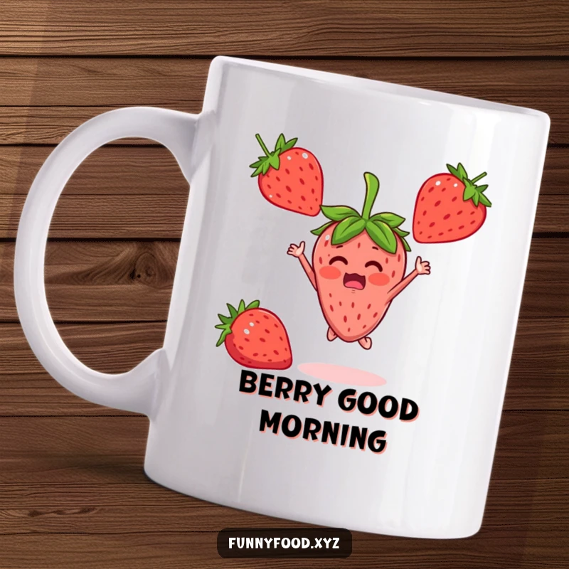 A surprised strawberry person with wide eyes jumping with delight on a ceramic mug.