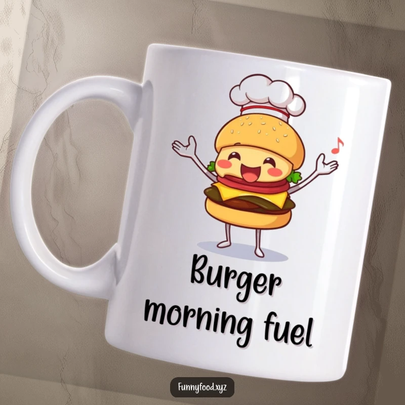 Funny mug depicting a happy burger wearing a chef hat, skillfully juggling various food items, showcasing culinary talent.